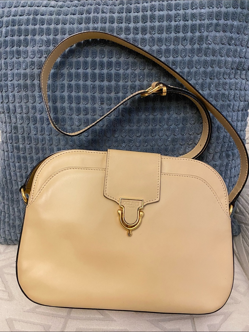Vintage Celine Beige Leather Crossbody Bag with Gold Hardware
